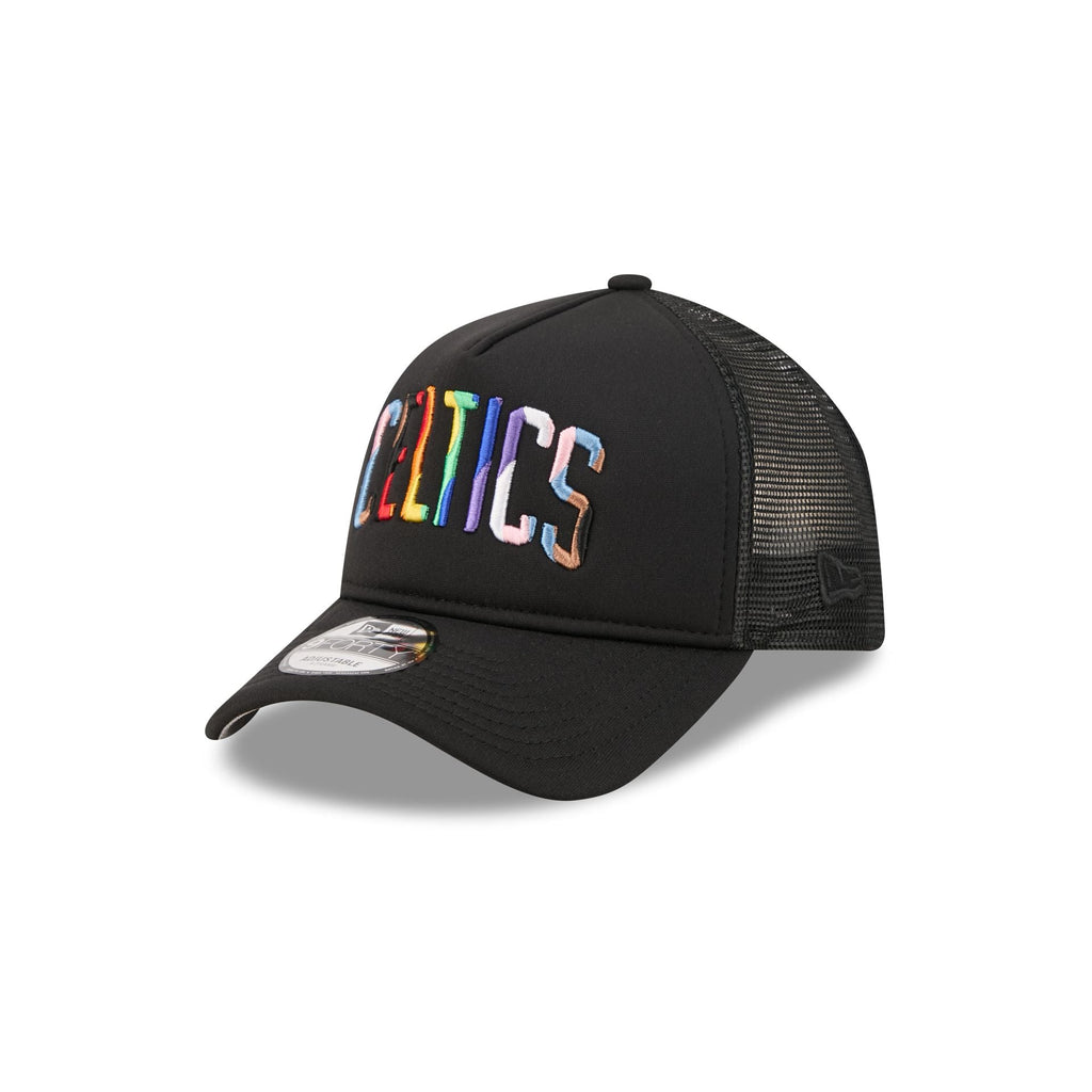 Boston Celtics Rainbow Wordmark 9FORTY A-Frame Trucker Hat