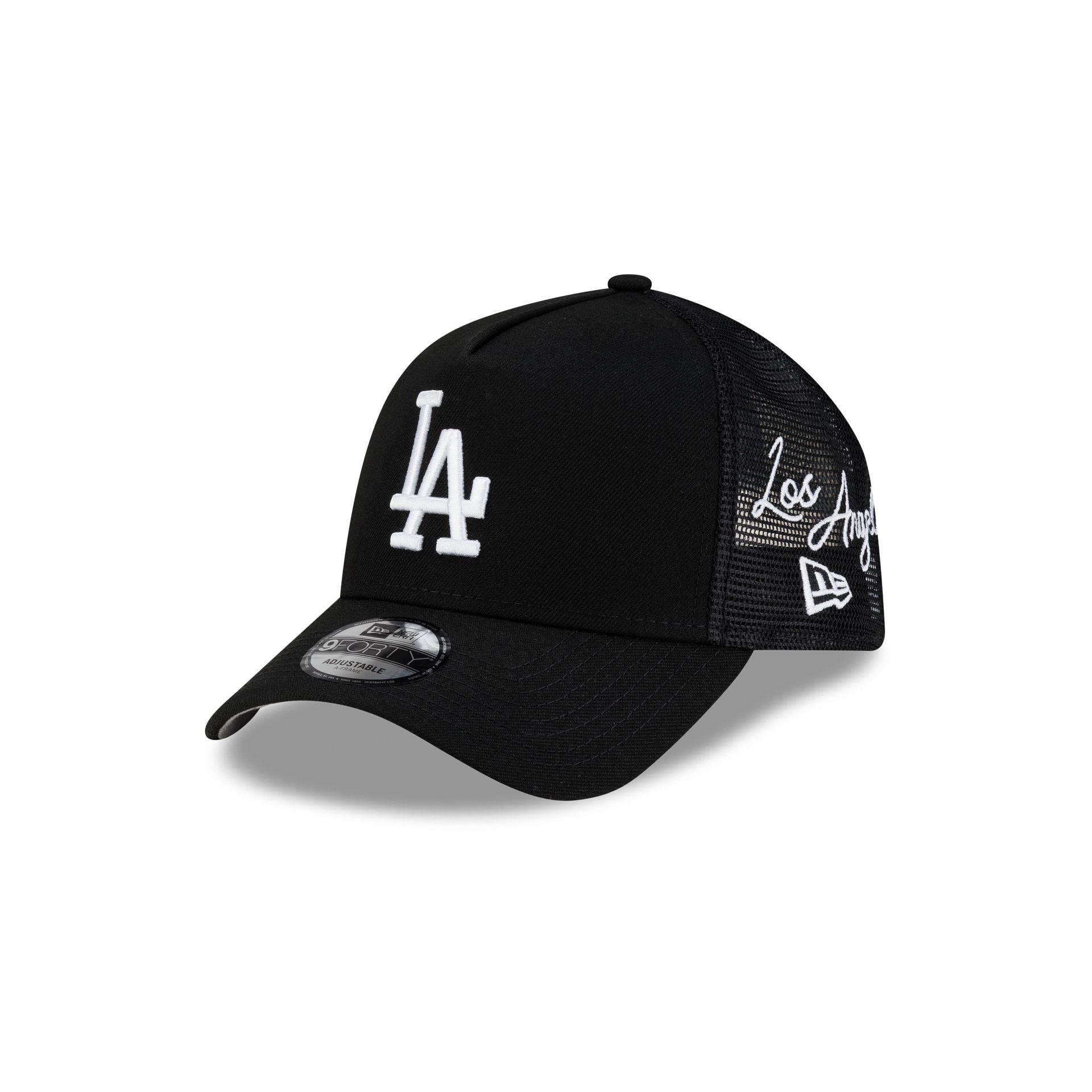 Los Angeles Dodgers Side Script Black 9FORTY A-Frame Trucker Hat