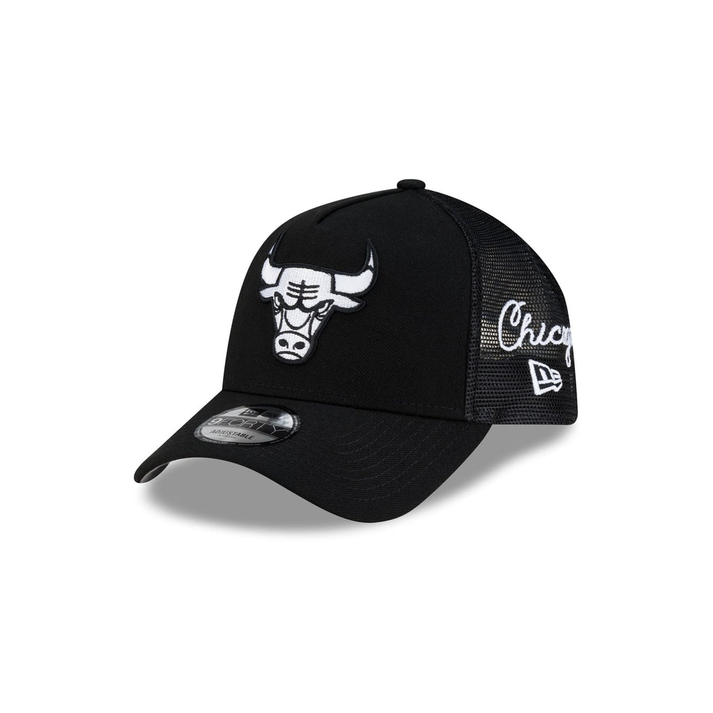 Chicago Bulls Side Script Black 9FORTY A-Frame Trucker Hat