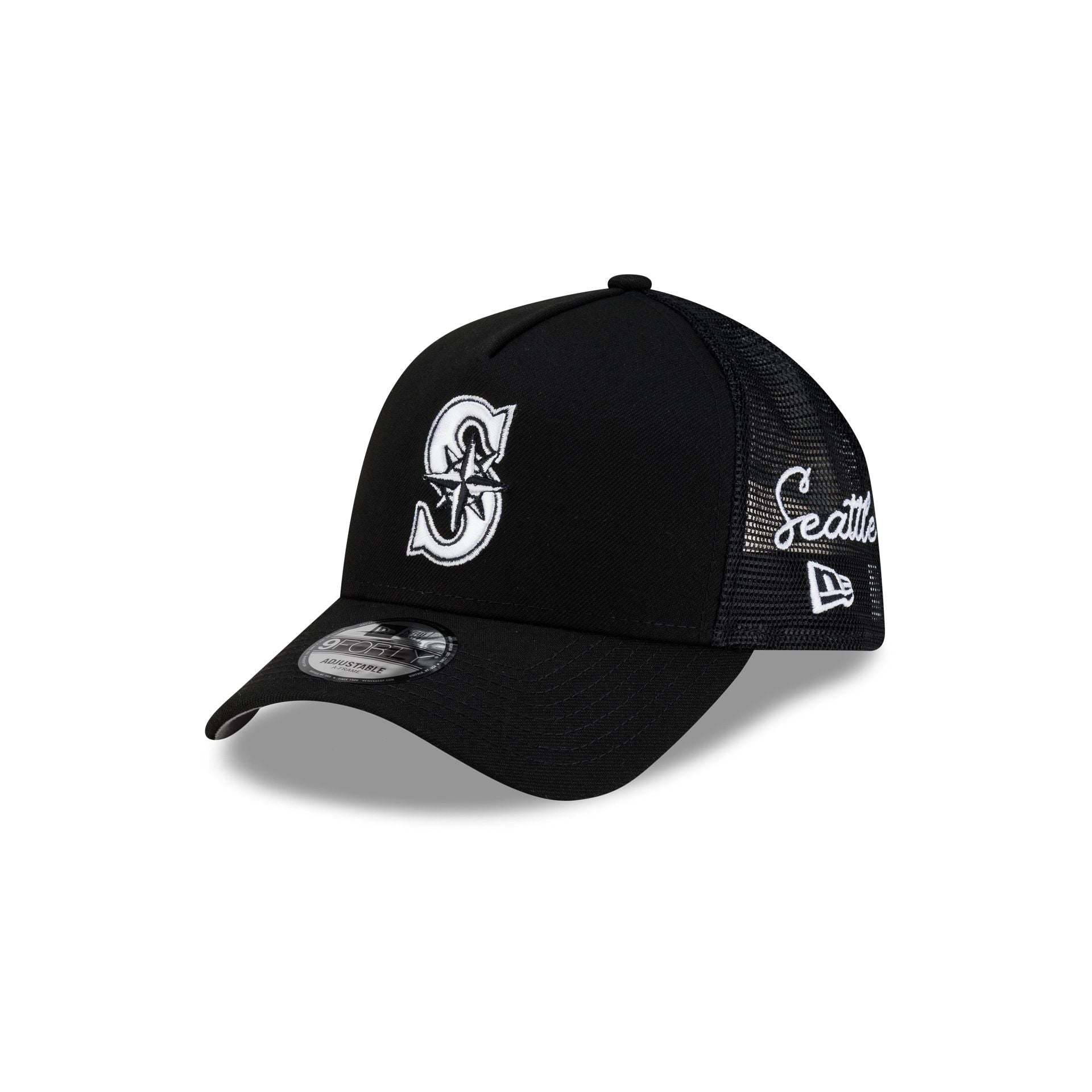 Seattle Mariners Side Script Black 9FORTY A-Frame Trucker Hat