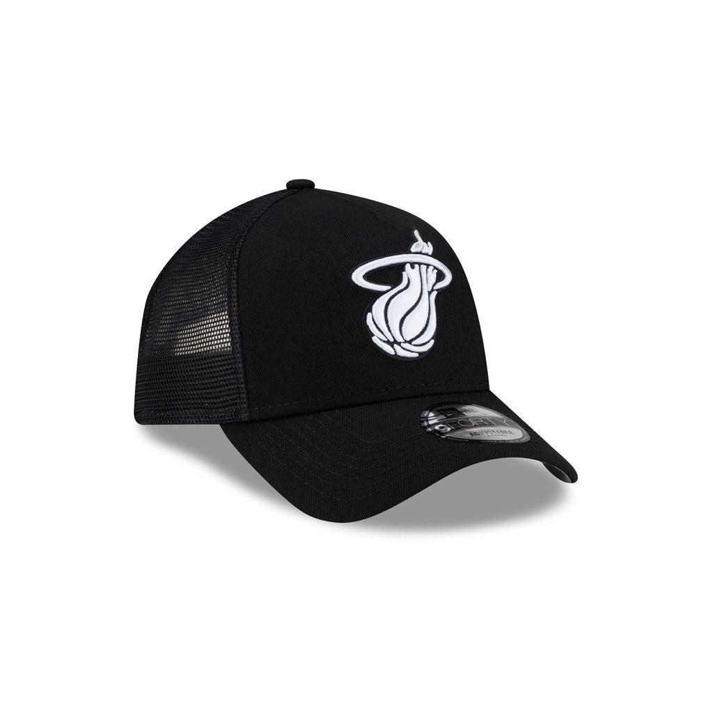 Miami Heat Side Script Black 9FORTY A-Frame Trucker Hat