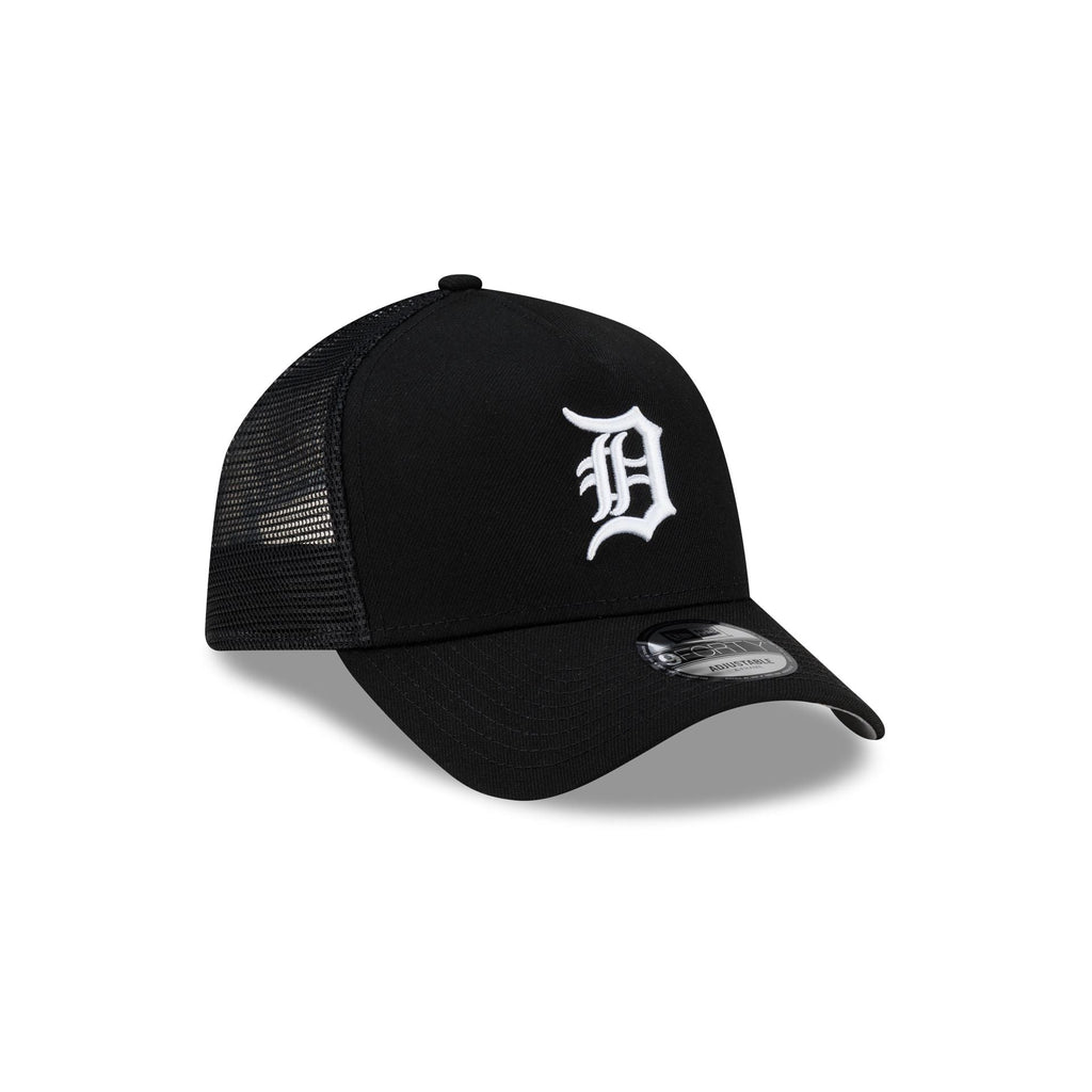 Detroit Tigers Side Script Black 9FORTY A-Frame Trucker Hat