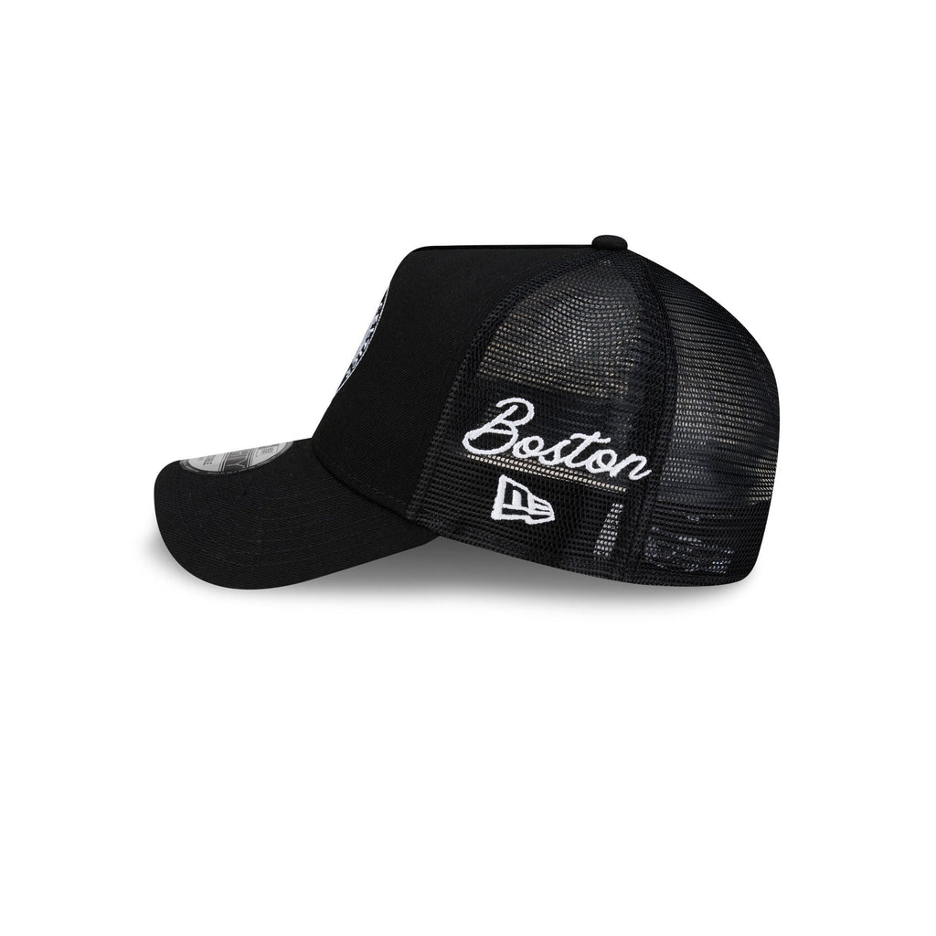 Boston Celtics Side Script Black 9FORTY A-Frame Trucker Hat
