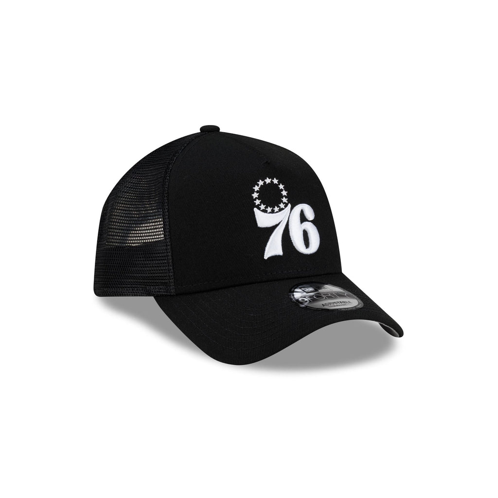 Philadelphia 76ers Side Script Black 9FORTY A-Frame Trucker Hat