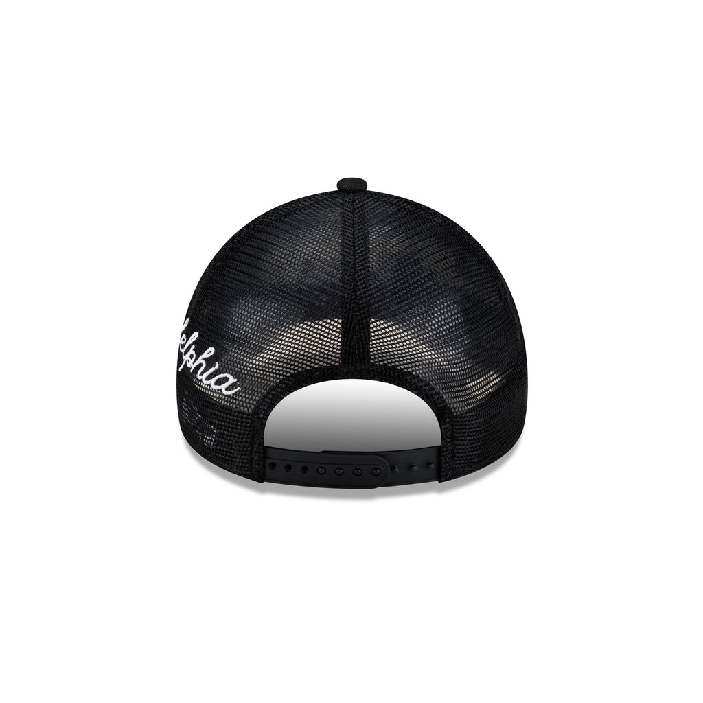 Philadelphia 76ers Side Script Black 9FORTY A-Frame Trucker Hat