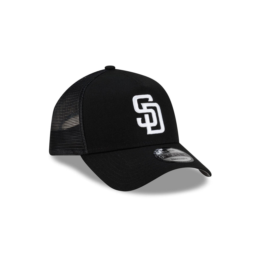 San Diego Padres Side Script Black 9FORTY A-Frame Trucker Hat