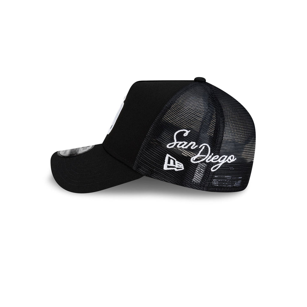 San Diego Padres Side Script Black 9FORTY A-Frame Trucker Hat
