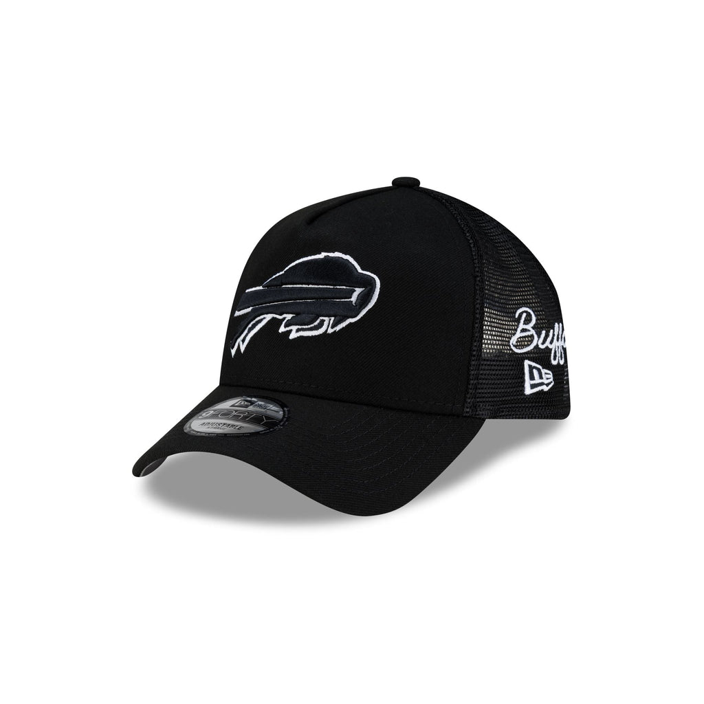 Buffalo Bills Side Script Black 9FORTY A-Frame Trucker Hat